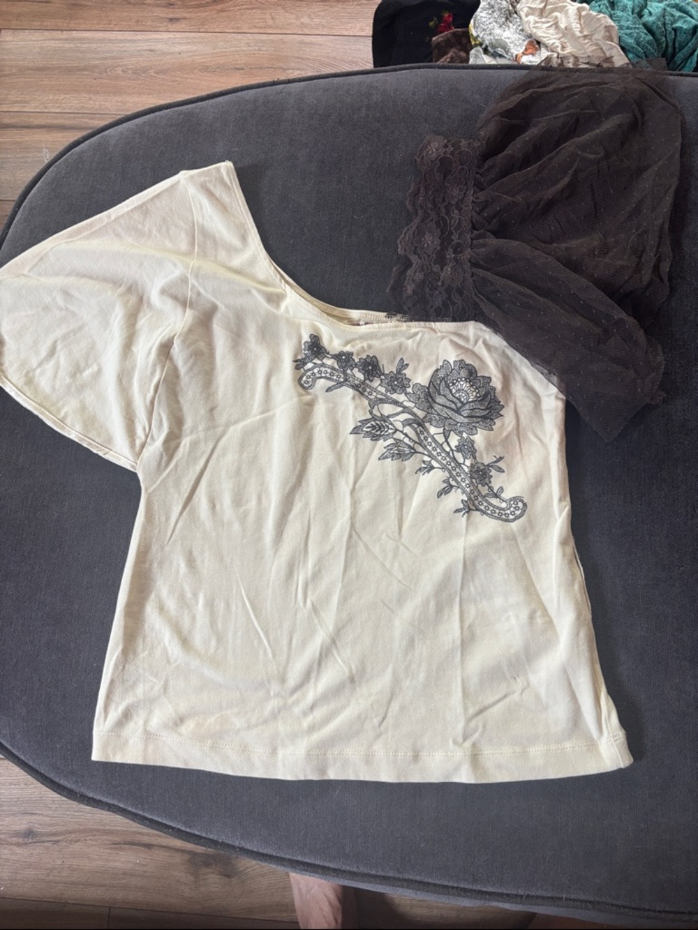 Cream One-Shoulder Tee with Black Floral Embroidery & chocolate brown lace sleev